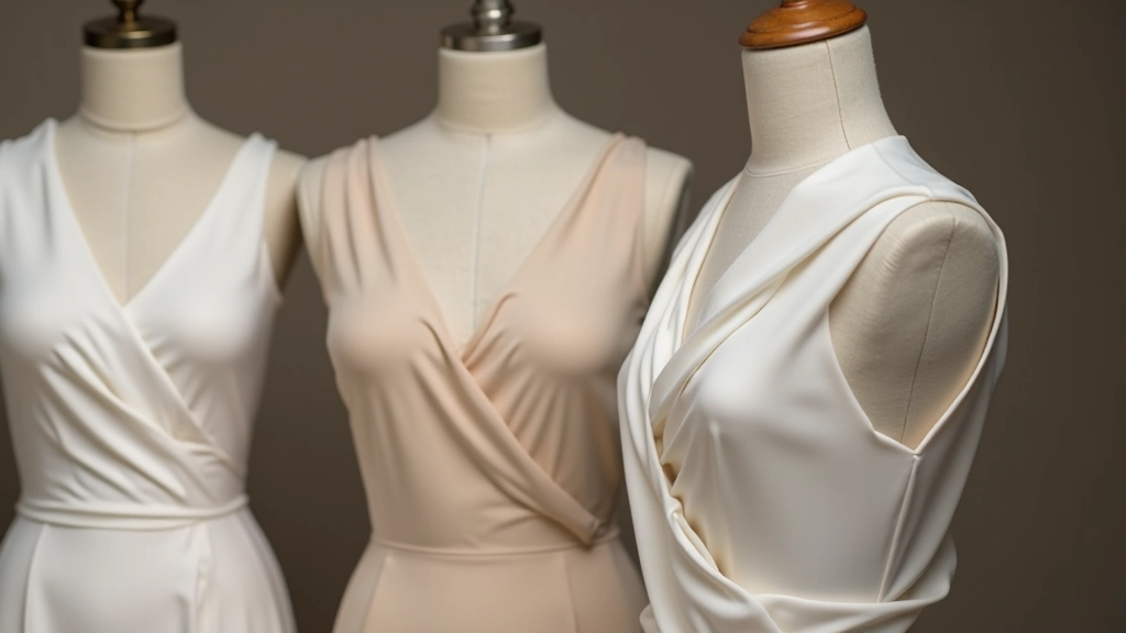 Farklı kesim stillerinde kıyafetler kumaş mankeninde sergileniyor, yakın plan detay, profesyonel moda fotoğrafçılığı, doğal ışık